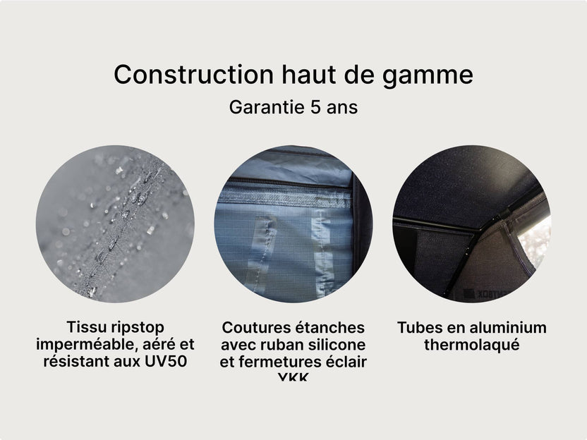 Infographie : « Qualité de fabrication exceptionnelle » soutenue par une garantie de 5 ans, mettant en avant le tissu imperméable UV50, les coutures scellées au silicone et les tubes en aluminium thermolaqués.

