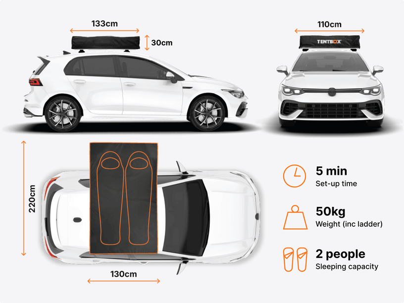  Dimensions image detailing size and features of the TentBox Lite roof tent