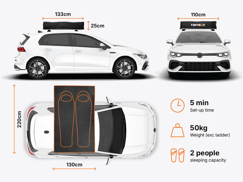  Dimensions image detailing size and features of the TentBox Lite roof tent