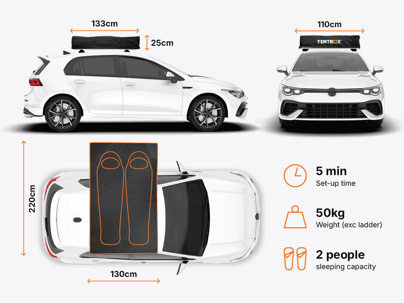  Dimensions image detailing size and features of the TentBox Lite roof tent