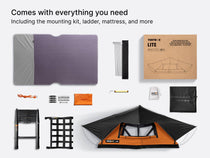  A flatlay showing everything included with the TentBox Lite roof tent - including mounting kit, ladder, mattress and more
