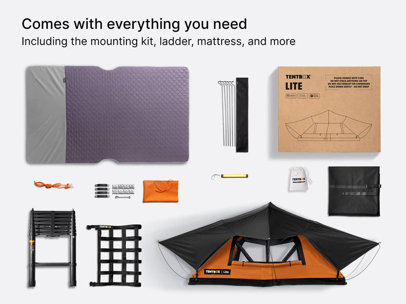  A flatlay showing everything included with the TentBox Lite roof tent - including mounting kit, ladder, mattress and more