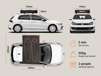 TentBox Lite 2.0 dimensions graphic with labeled measurements and person icons for scale