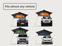 Infographic showing TentBox compatibility across various vehicles — sedans, SUVs, vans, and more — with the label “Fits almost any vehicle.”