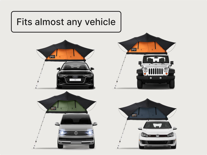 Infographic showing TentBox compatibility across various vehicles — sedans, SUVs, vans, and more — with the label “Fits almost any vehicle.”