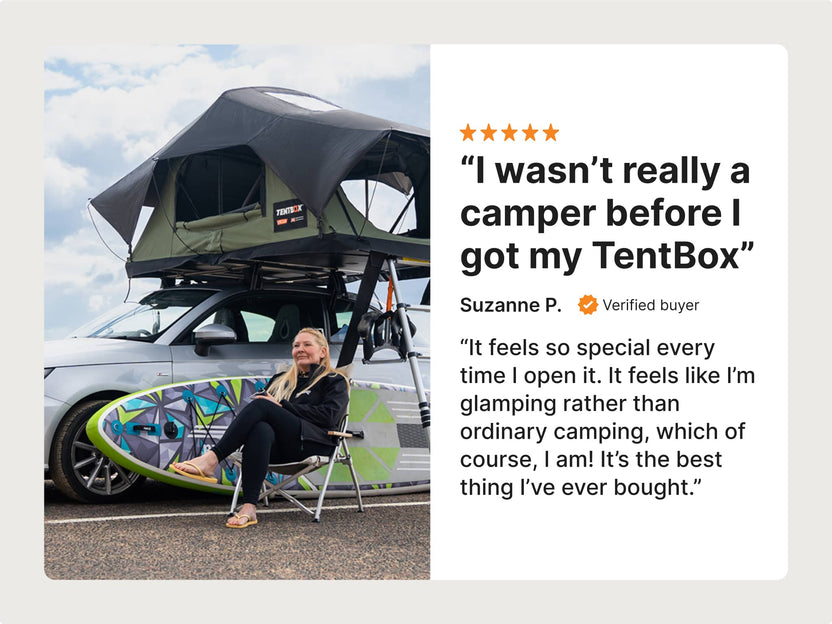 Customer review with image of TentBox: "I wasn't really a camper before I got my TentBox" and praise for the comfort and joy it brings