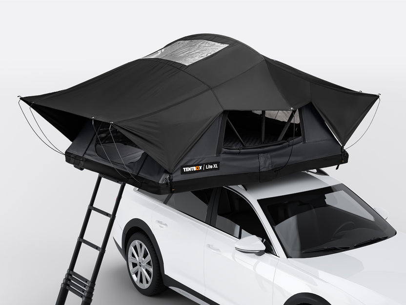 The TentBox Lite XL roof tent in Flint colour option on top of a vehicle