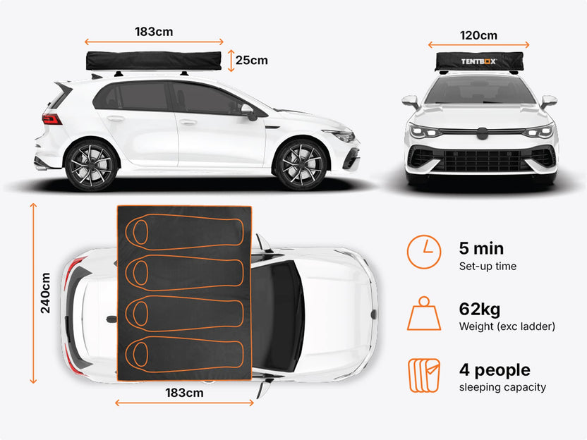  Dimensions chart showing car with TentBox Lite XL dimensions and features.