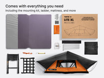 A flatlay showing everything the TentBox Lite XL comes with, including mounting kit, ladder, mattress and more