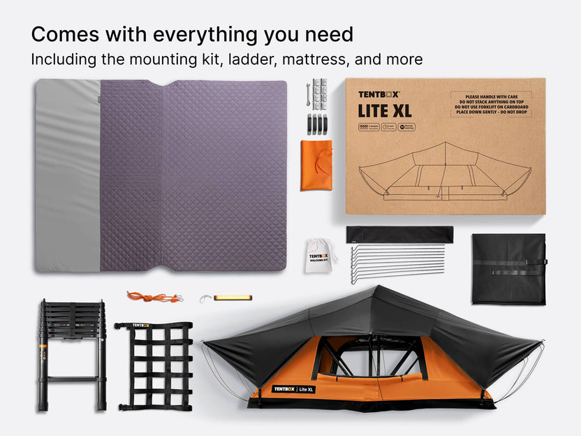 A flatlay showing everything the TentBox Lite XL comes with, including mounting kit, ladder, mattress and more