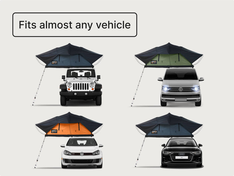 Diagram showing different vehicles (e.g. SUV, van, pickup) compatible with TentBox XL and the "Fits almost any vehicle" label.