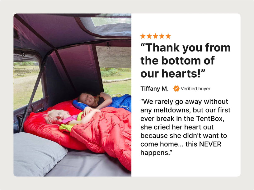 A heartfelt review with the quote: “Thank you from the bottom of our hearts!” alongside a photo of a child resting in the TentBox interior